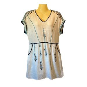 Lush Swim Coverup Dress Embroidered Front Pockets Activewear Beige Blue Small